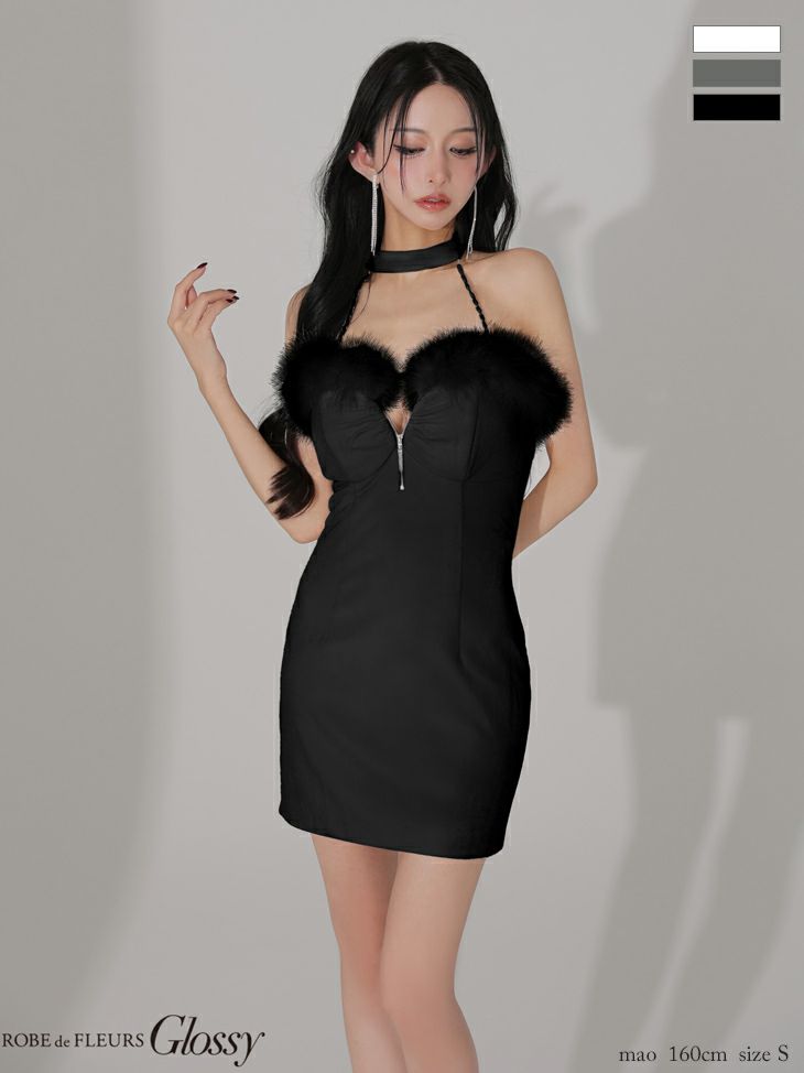 チョーカー バックリボン ファー付き ジップデザイン ベロア セクシー ホルターネック タイトミニドレス (GL3949)
