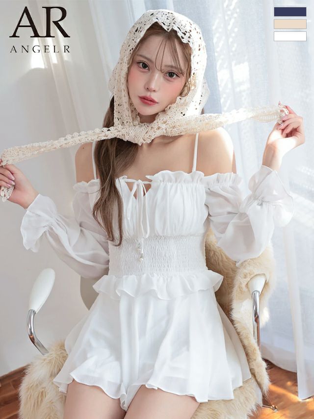 オフショルダー 2way 肩あき 長袖 フリル リボン シャーリング Aラインミニドレス