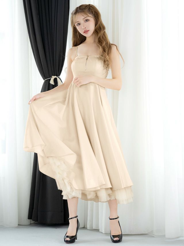 チュールレイヤード エレガント キャミソール ジップデザイン Aラインロングドレス