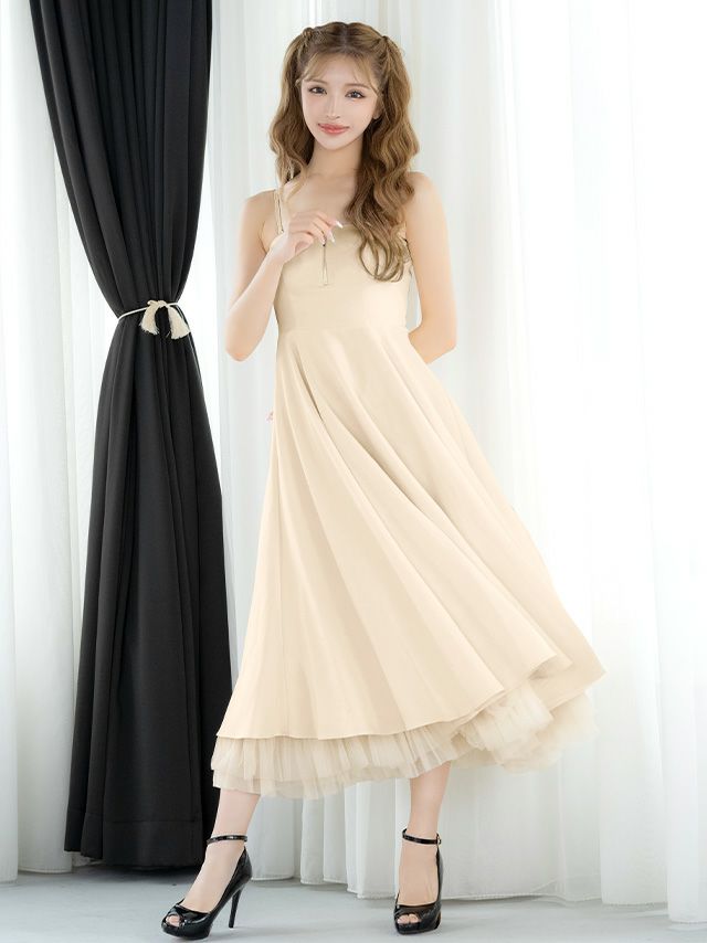 チュールレイヤード エレガント キャミソール ジップデザイン Aラインロングドレス