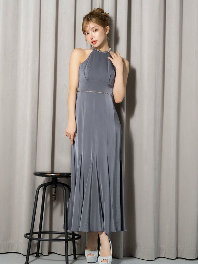 ホルターネック バックオープン サテン ビジュー エレガント Aラインロングドレス