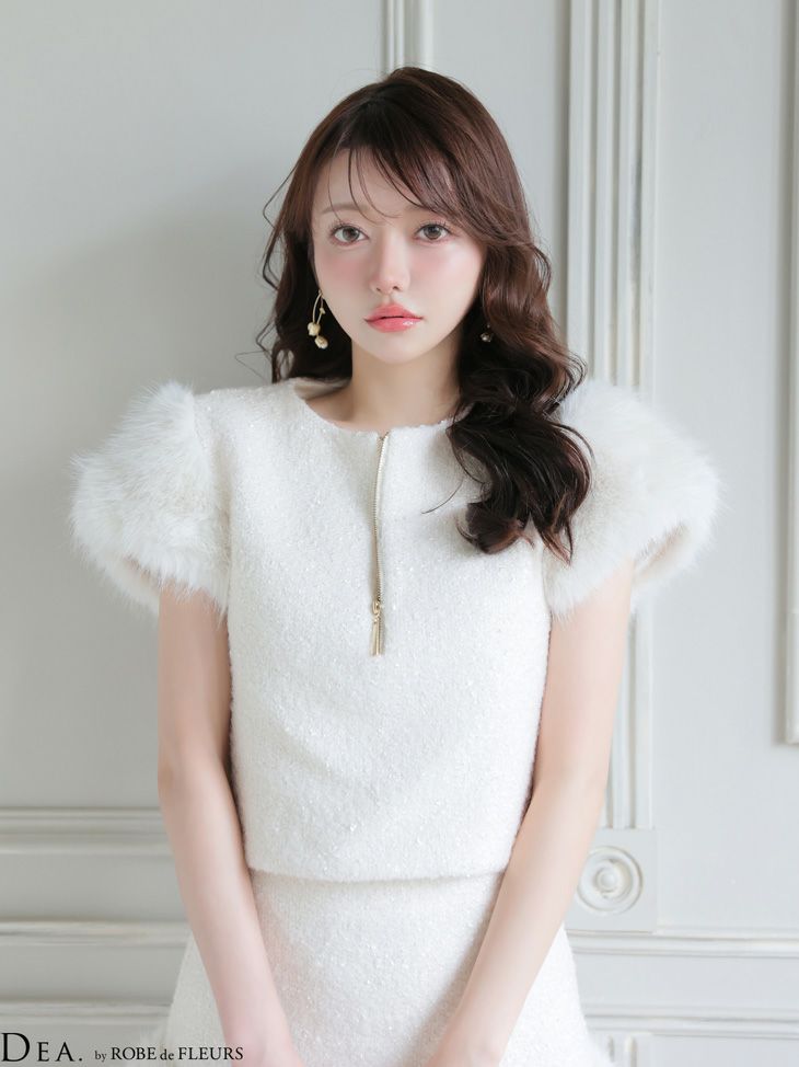 ジップデザイン 袖ファー ブークレニットツイード 袖あり セットアップ タイトミニドレス