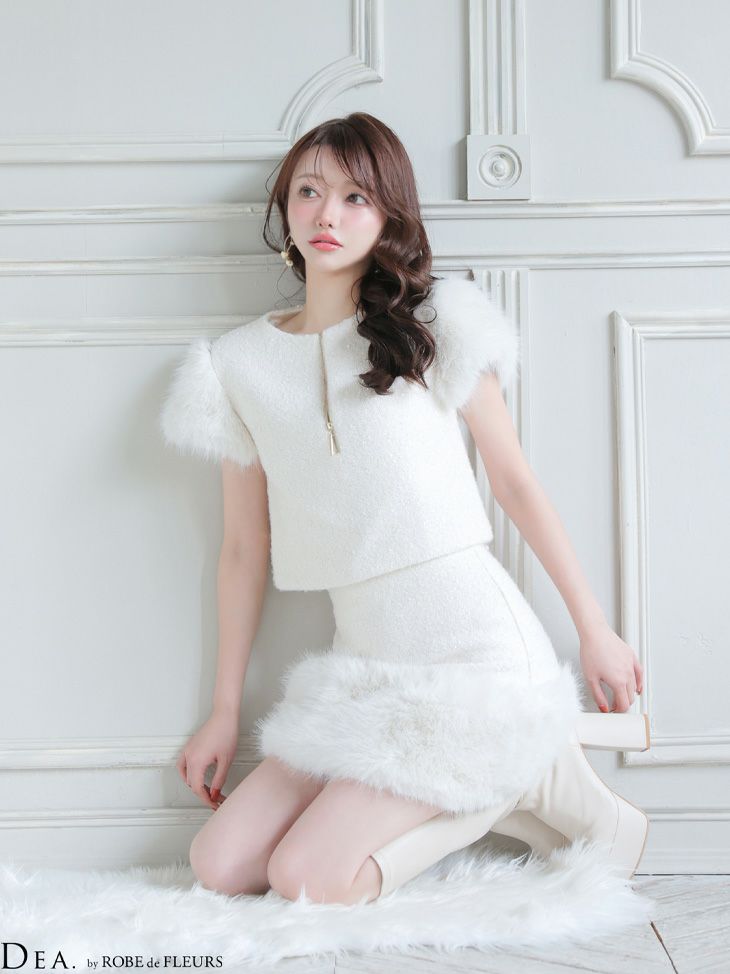 ジップデザイン 袖ファー ブークレニットツイード 袖あり セットアップ タイトミニドレス