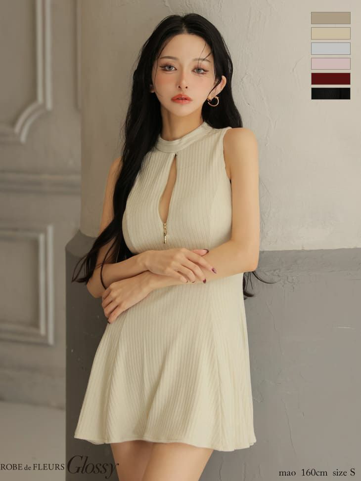 ラメニット セクシー ハイネック ノースリーブ ジップデザイン フレアミニドレス