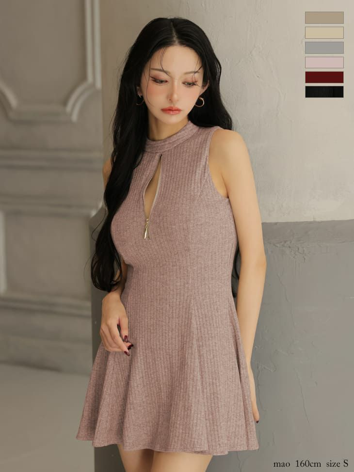 ラメニット セクシー ハイネック ノースリーブ ジップデザイン フレアミニドレス