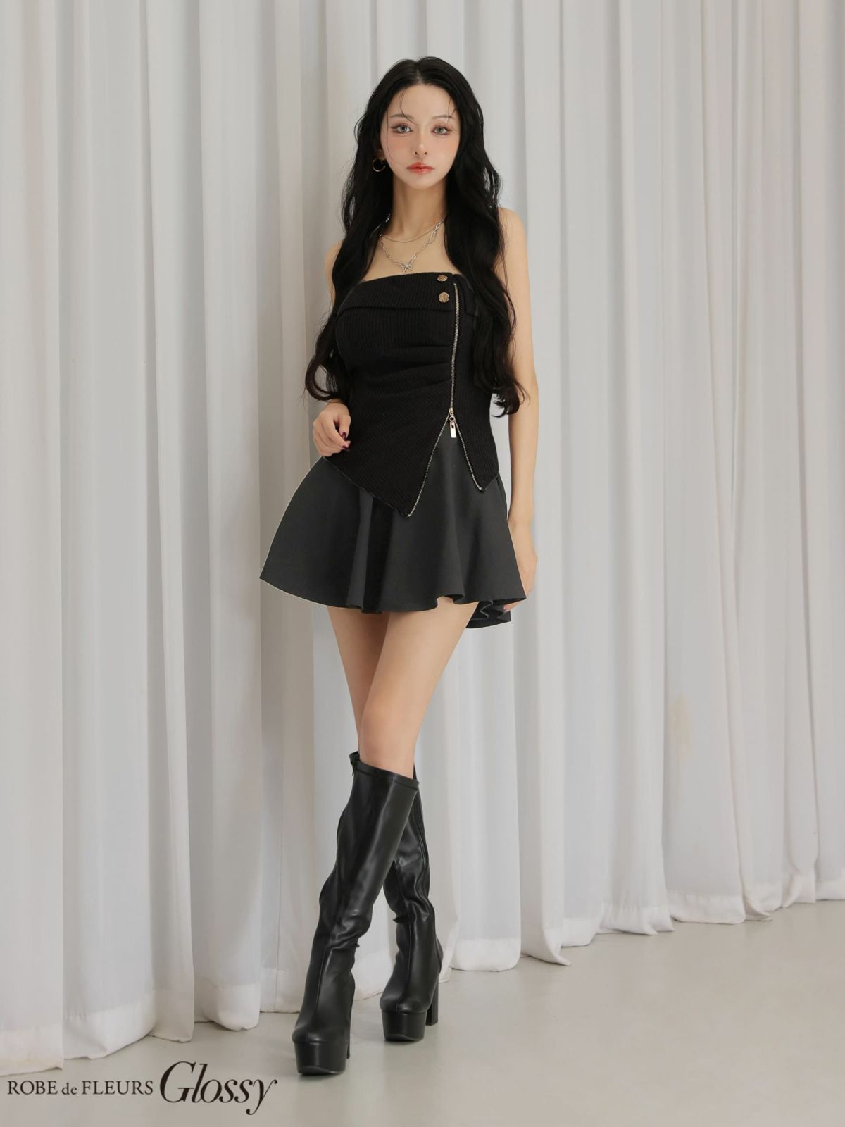 リブ ジップデザイン アシンメトリー セットアップ セクシー ベア フレアミニドレス