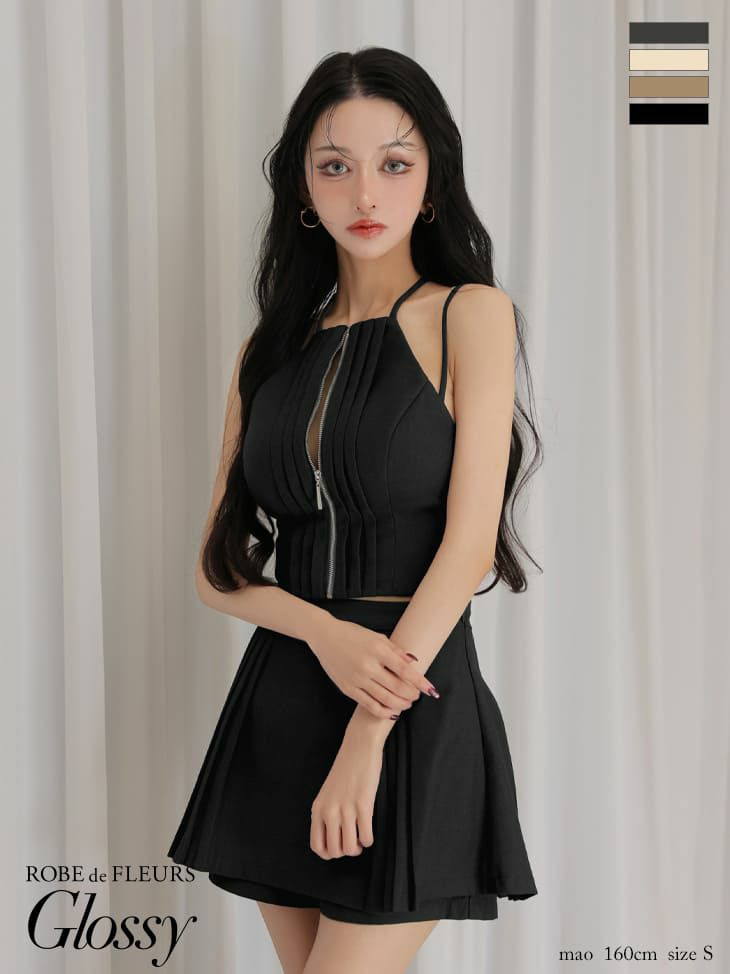 タック セットアップ セクシー ホルターネック ジップデザイン フレアミニドレス