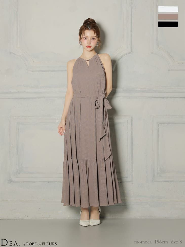 Vネック ウエストリボン プリーツシフォン エレガント ホルターネック Aラインロングドレス