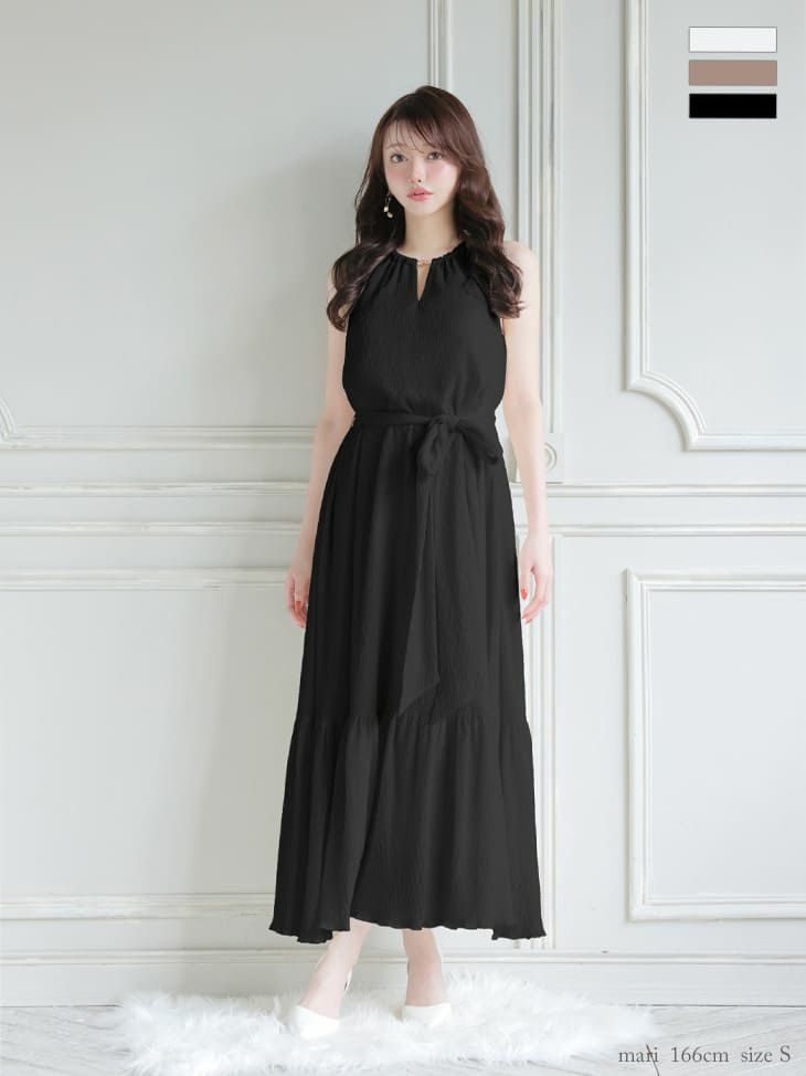 Vネック ウエストリボン プリーツシフォン エレガント ホルターネック Aラインロングドレス