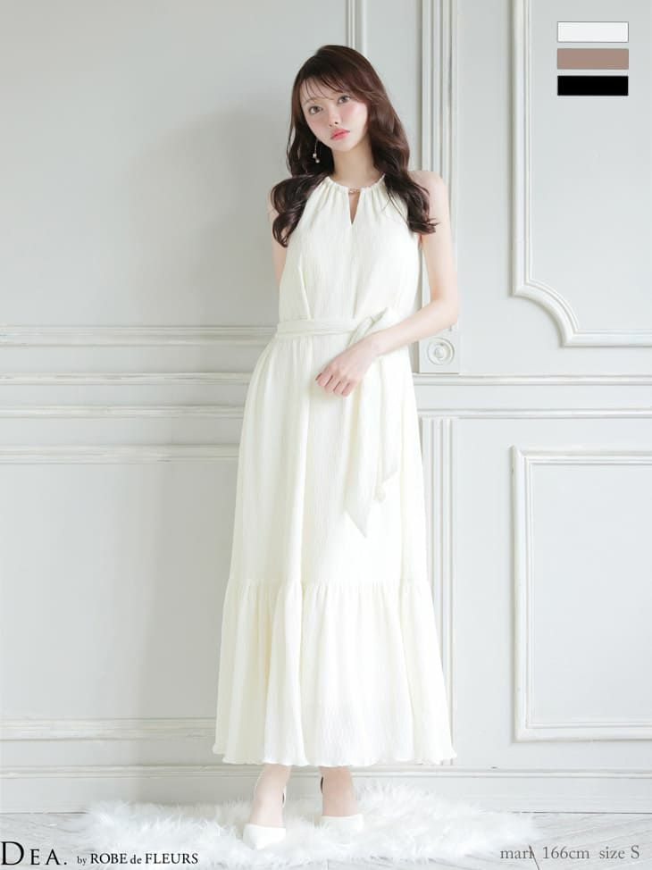 Vネック ウエストリボン プリーツシフォン エレガント ホルターネック Aラインロングドレス