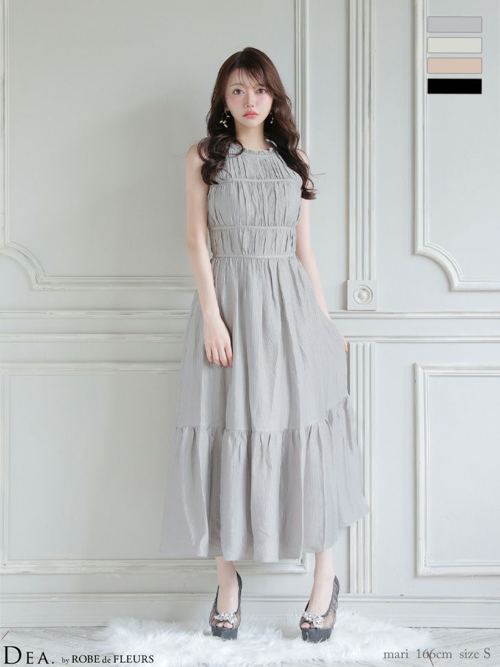 ホルターネック サテン ティアード シンプル Aラインロングドレス