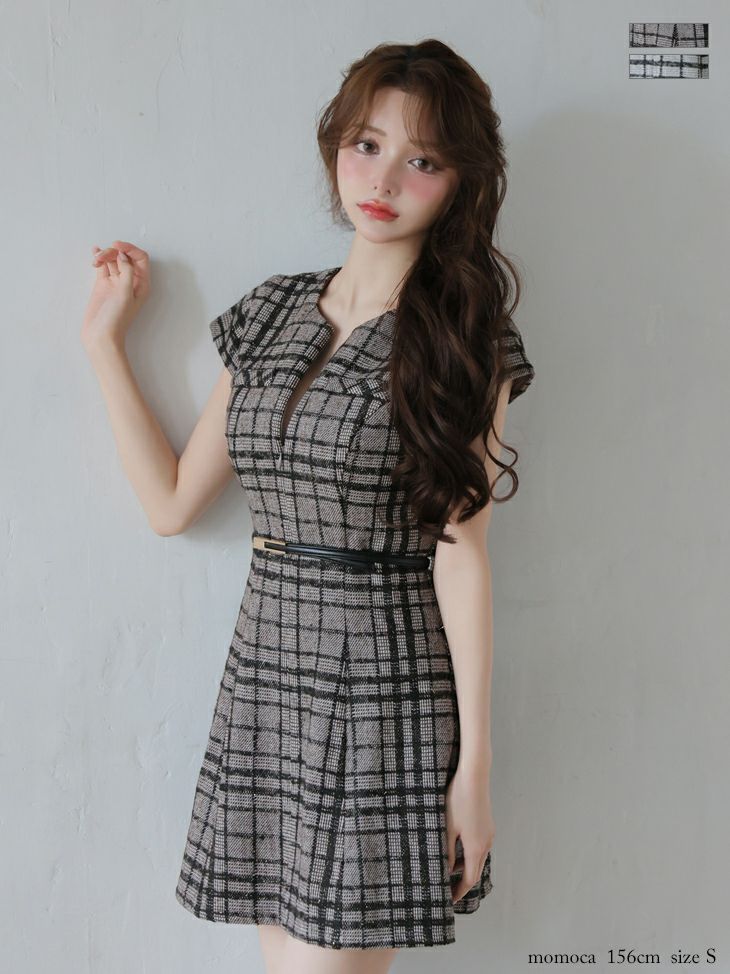 半袖 チェック柄 ツイード プリーツスカート ウエストベルト フレアミニドレス