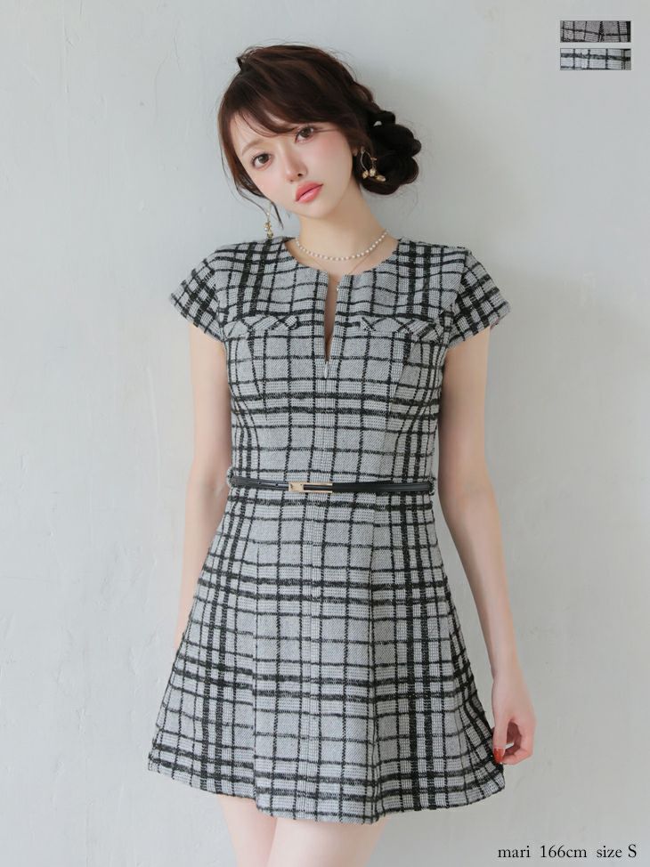 半袖 チェック柄 ツイード プリーツスカート ウエストベルト フレアミニドレス