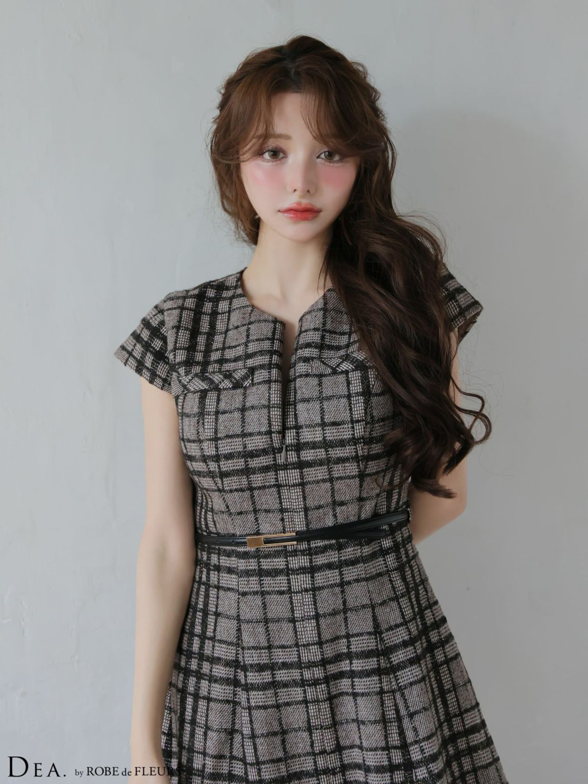 半袖 チェック柄 ツイード プリーツスカート ウエストベルト フレアミニドレス