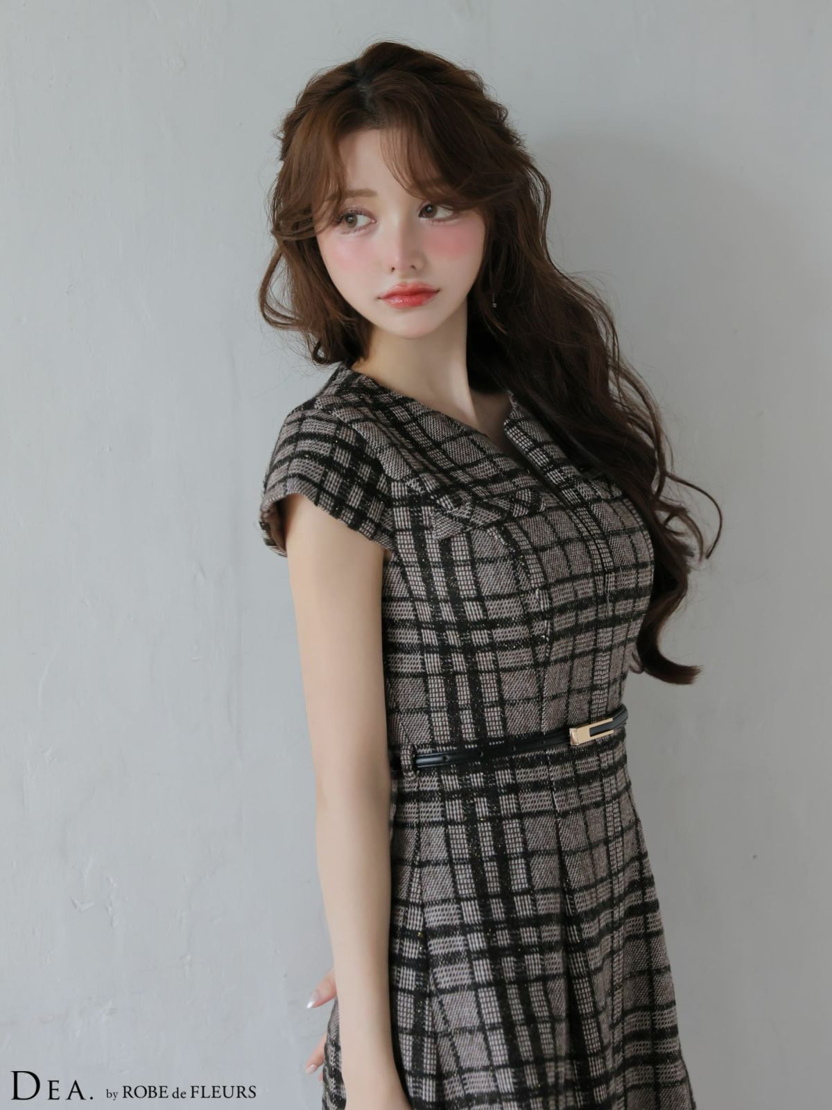 半袖 チェック柄 ツイード プリーツスカート ウエストベルト フレアミニドレス