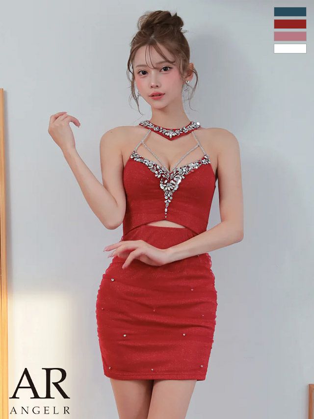 ホルターネック ビジュー ウエストカット ラメ セクシー タイトミニドレス