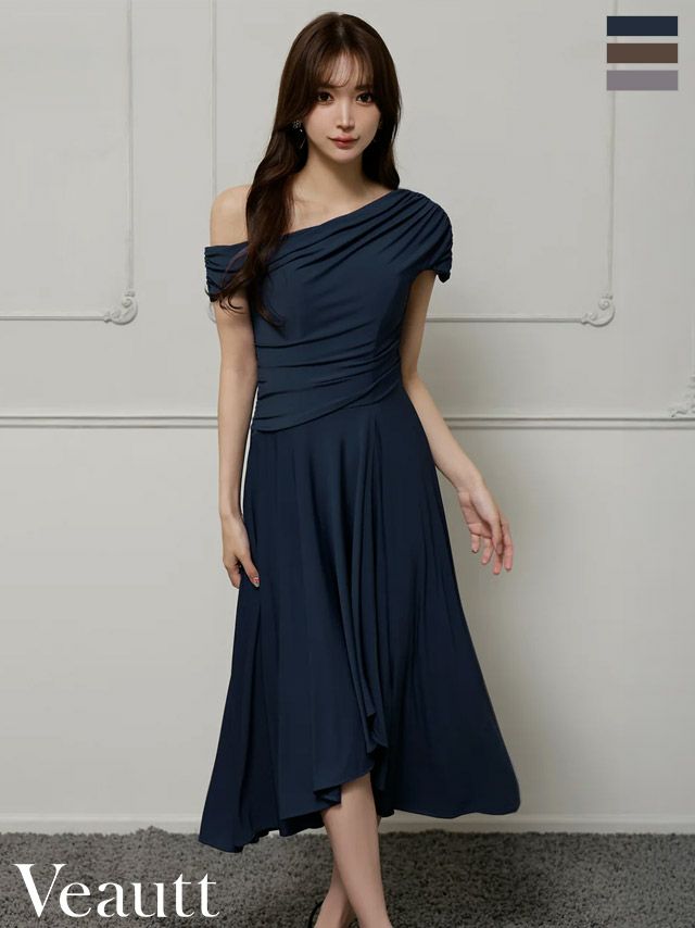 ワンショルダー エレガント アシンメトリー ドレープ Aラインロングドレス