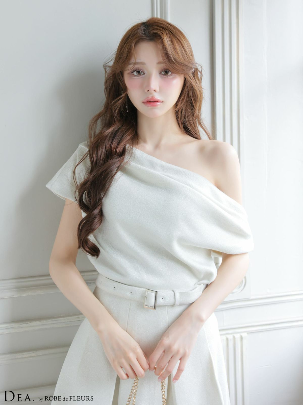 セットアップ ウエストベルト オフショルダー ドレープ 半袖 フレアミニドレス