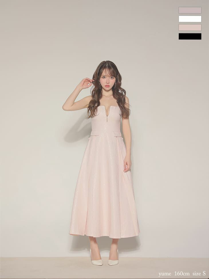 ノースリーブ ラメツイル ジップデザイン エレガント バックリボン バックオープン Aラインロングドレス