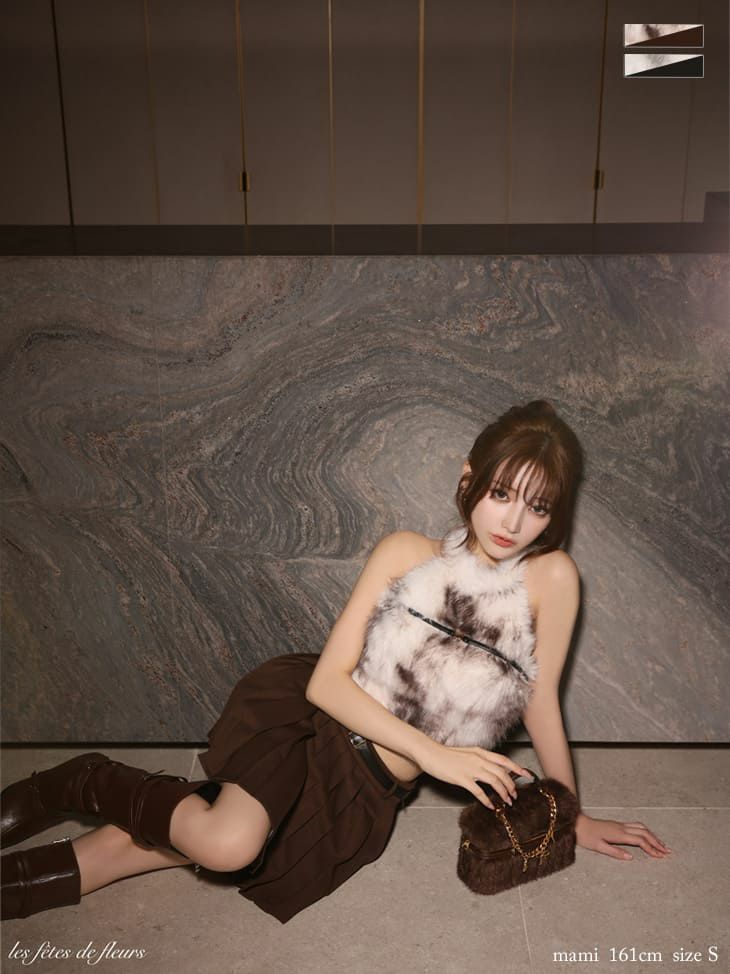 ホルターネック ファートップス ウエストベルト セットアップ プリーツ フレアミニドレス