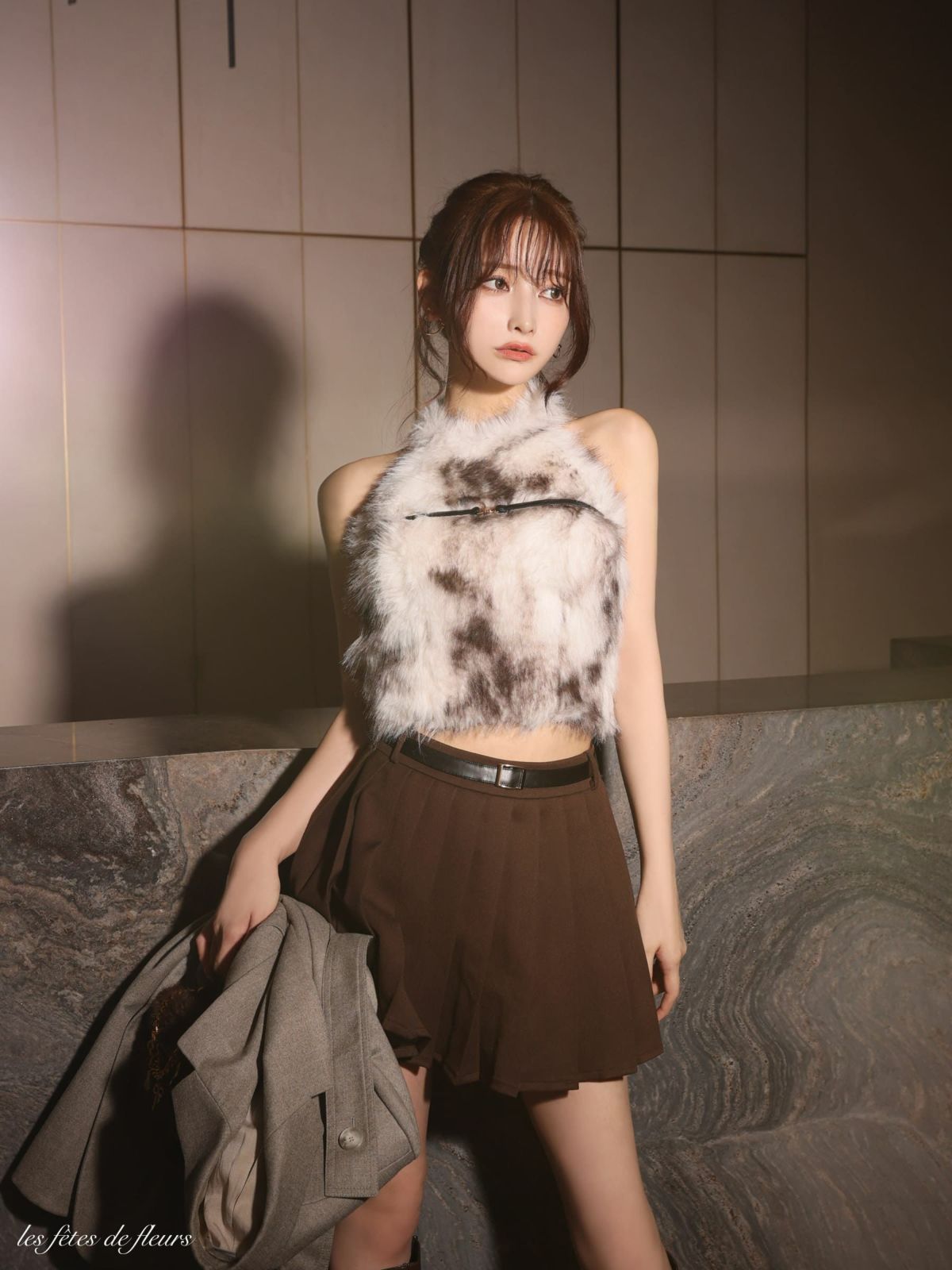 ホルターネック ファートップス ウエストベルト セットアップ プリーツ フレアミニドレス