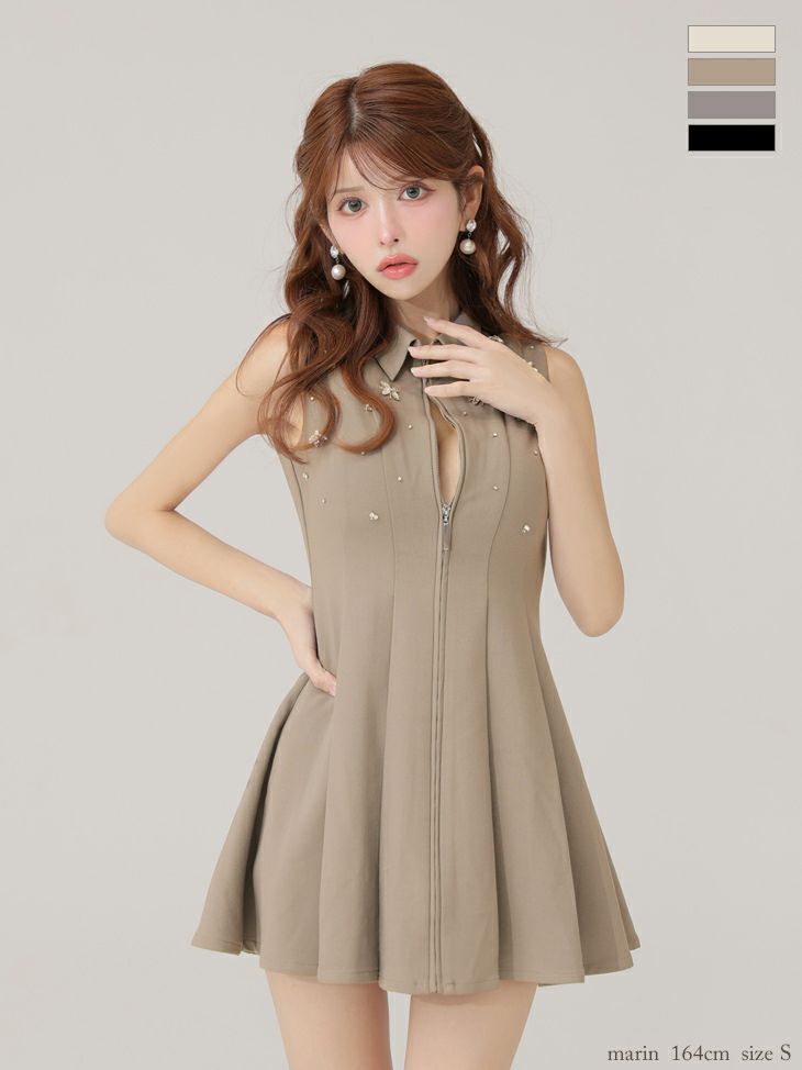 襟付き プリーツスカート クラシカル ノースリーブ ジップデザイン フレアミニドレス
