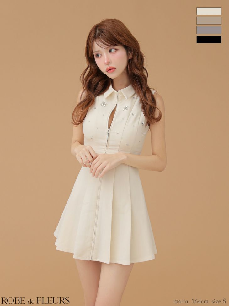 襟付き プリーツスカート クラシカル ノースリーブ ジップデザイン フレアミニドレス