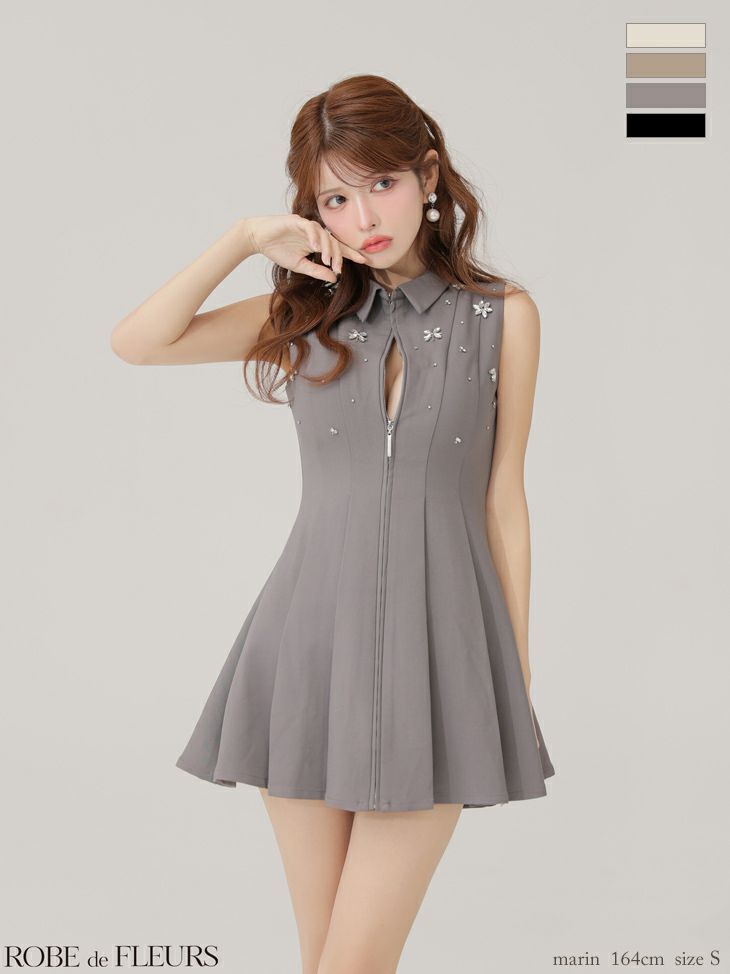 襟付き プリーツスカート クラシカル ノースリーブ ジップデザイン フレアミニドレス