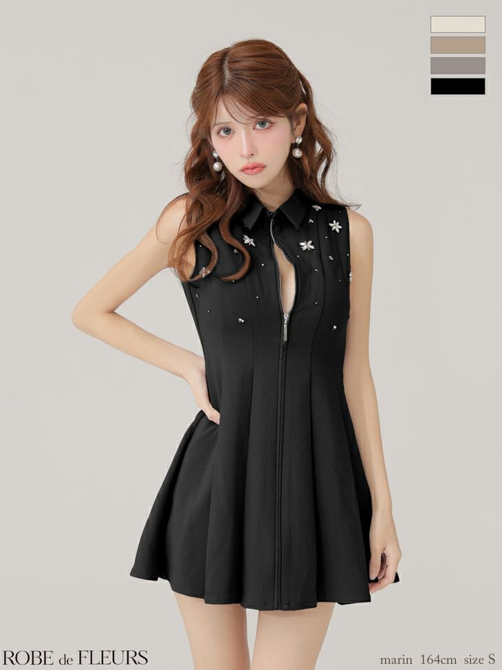 襟付き プリーツスカート クラシカル ノースリーブ ジップデザイン フレアミニドレス