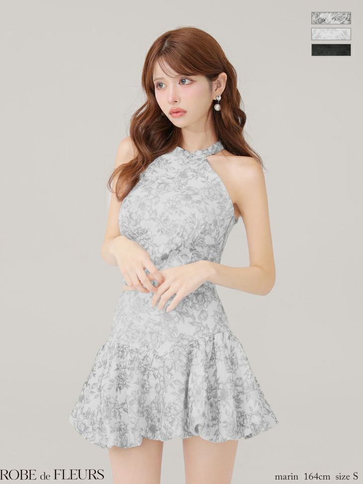 ホルターネック バックリボン 花柄ジャガード セットアップ ラメレース フレアミニドレス