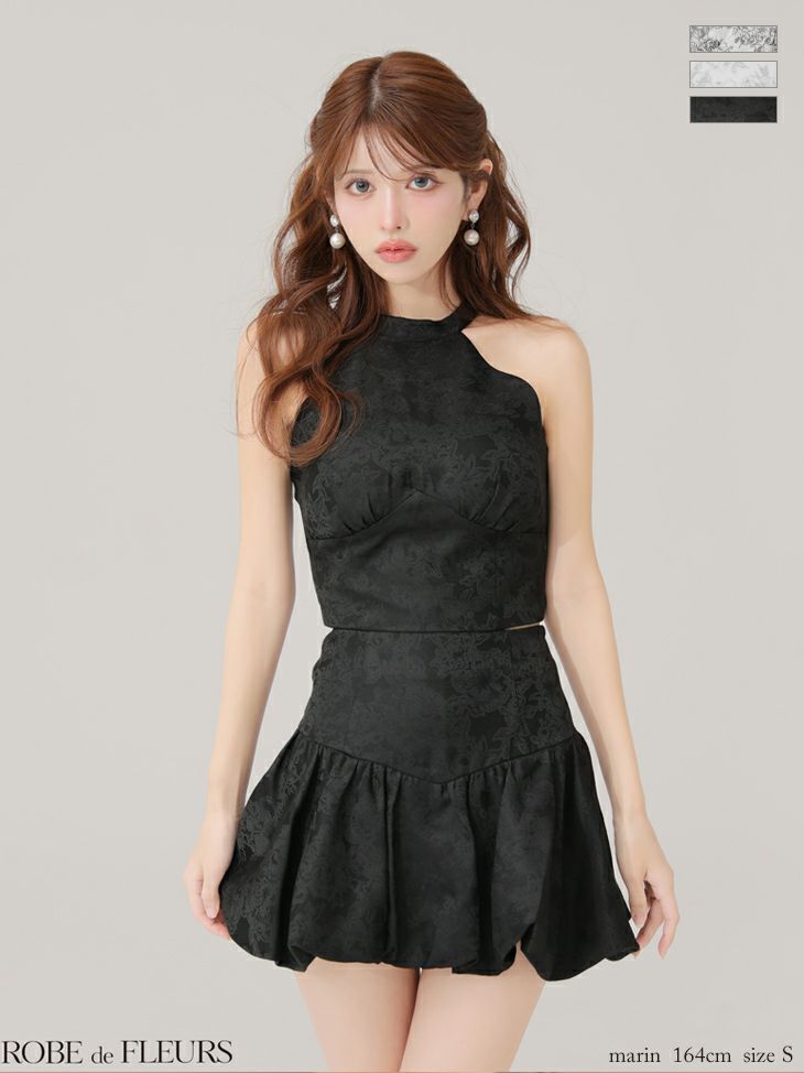 ホルターネック バックリボン 花柄ジャガード セットアップ ラメレース フレアミニドレス