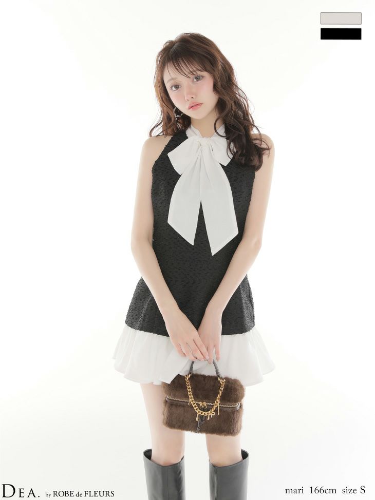 ノースリーブ ハイネック ボウタイ シフォン セットアップ ツイード タイトミニドレス