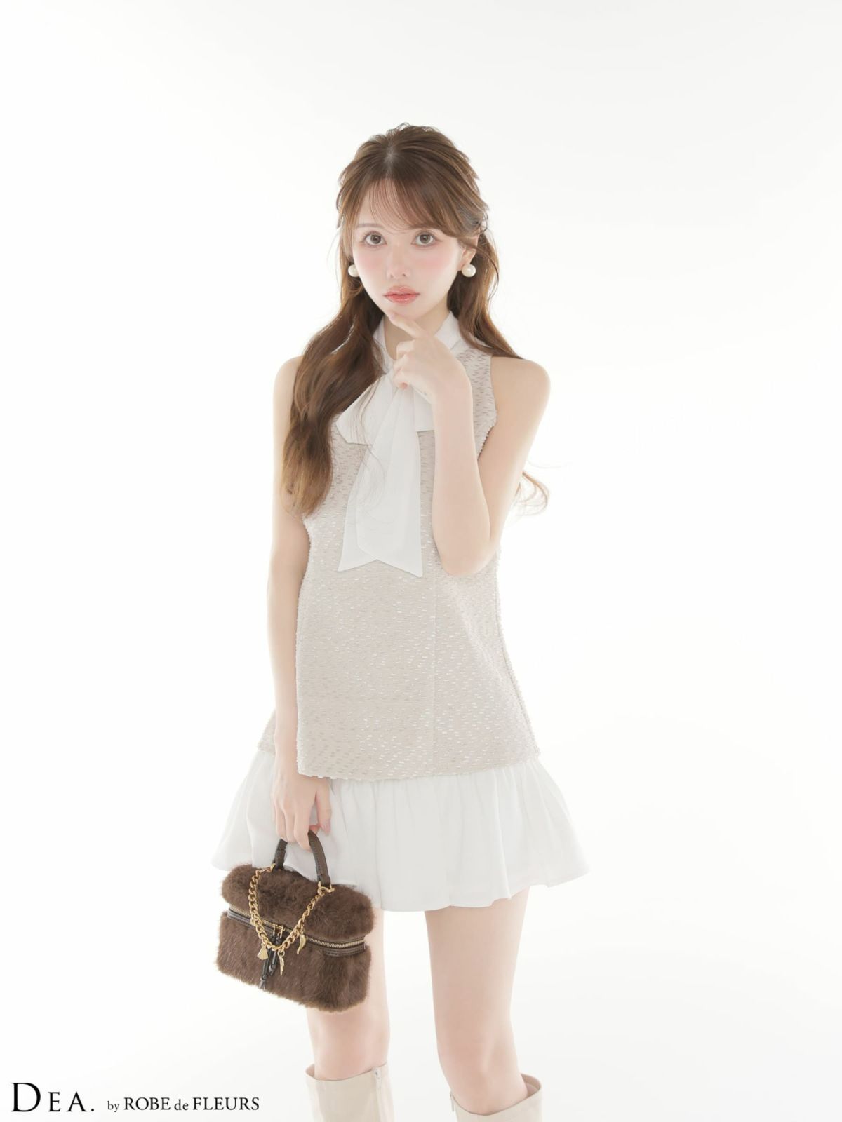 ノースリーブ ハイネック ボウタイ シフォン セットアップ ツイード タイトミニドレス