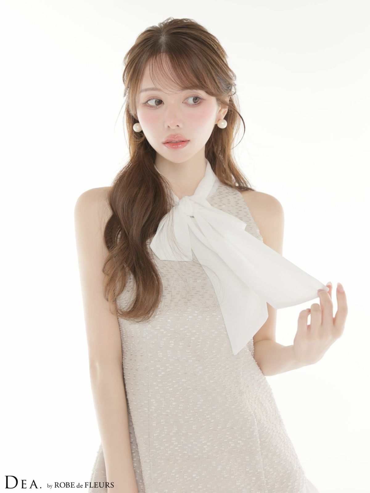 ノースリーブ ハイネック ボウタイ シフォン セットアップ ツイード タイトミニドレス