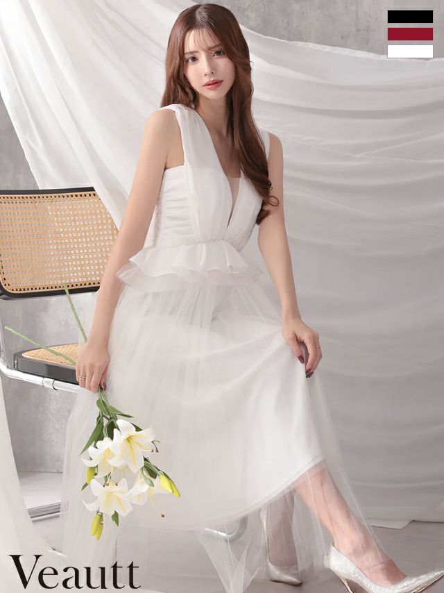 ノースリーブ ペプラム シフォン チュール ウエストフリル ドレープ Aラインロングドレス