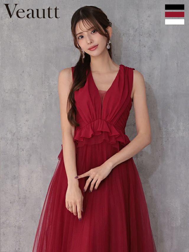 ノースリーブ ペプラム シフォン チュール ウエストフリル ドレープ Aラインロングドレス