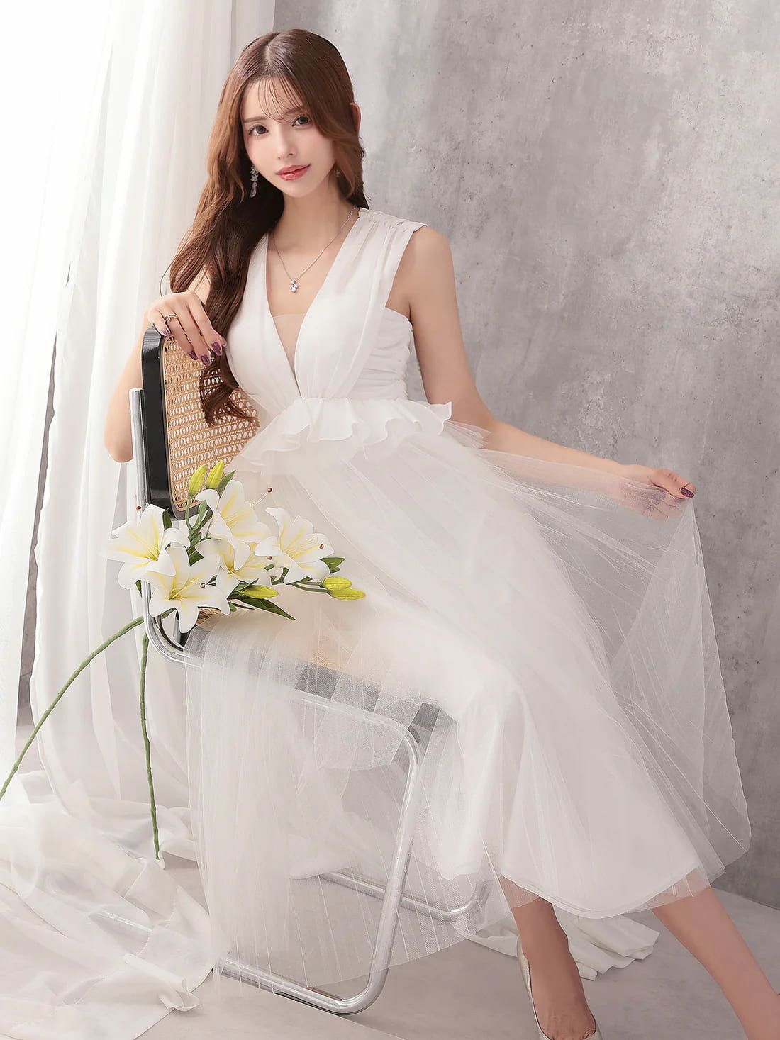 ノースリーブ ペプラム シフォン チュール ウエストフリル ドレープ Aラインロングドレス