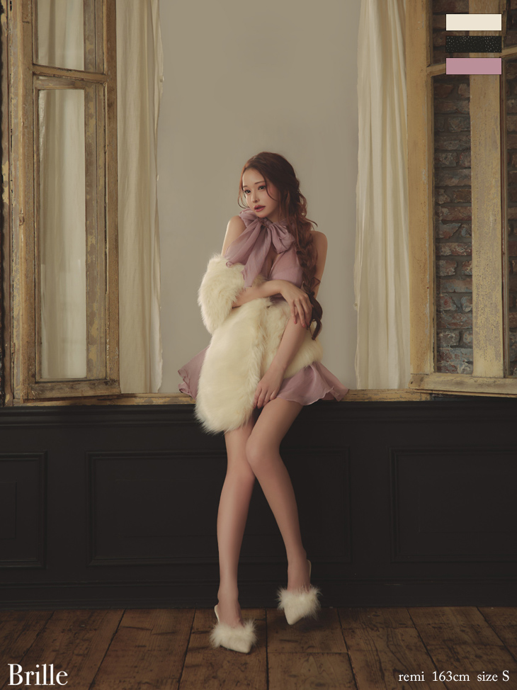 ホルターネック チュール バックオープン フレアミニドレス