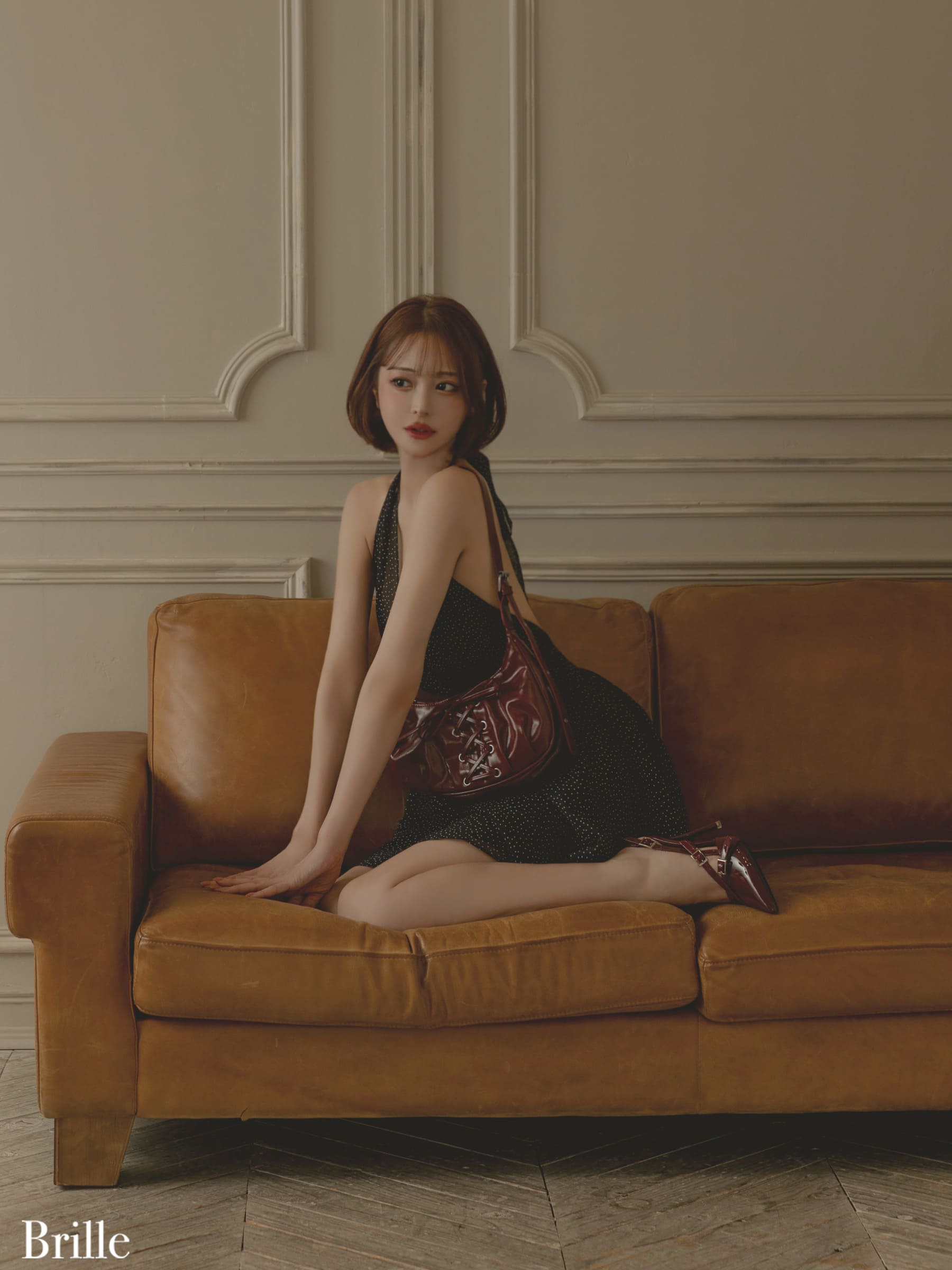 ドット柄 チュール ホルターネック バックオープン フレアミニドレス