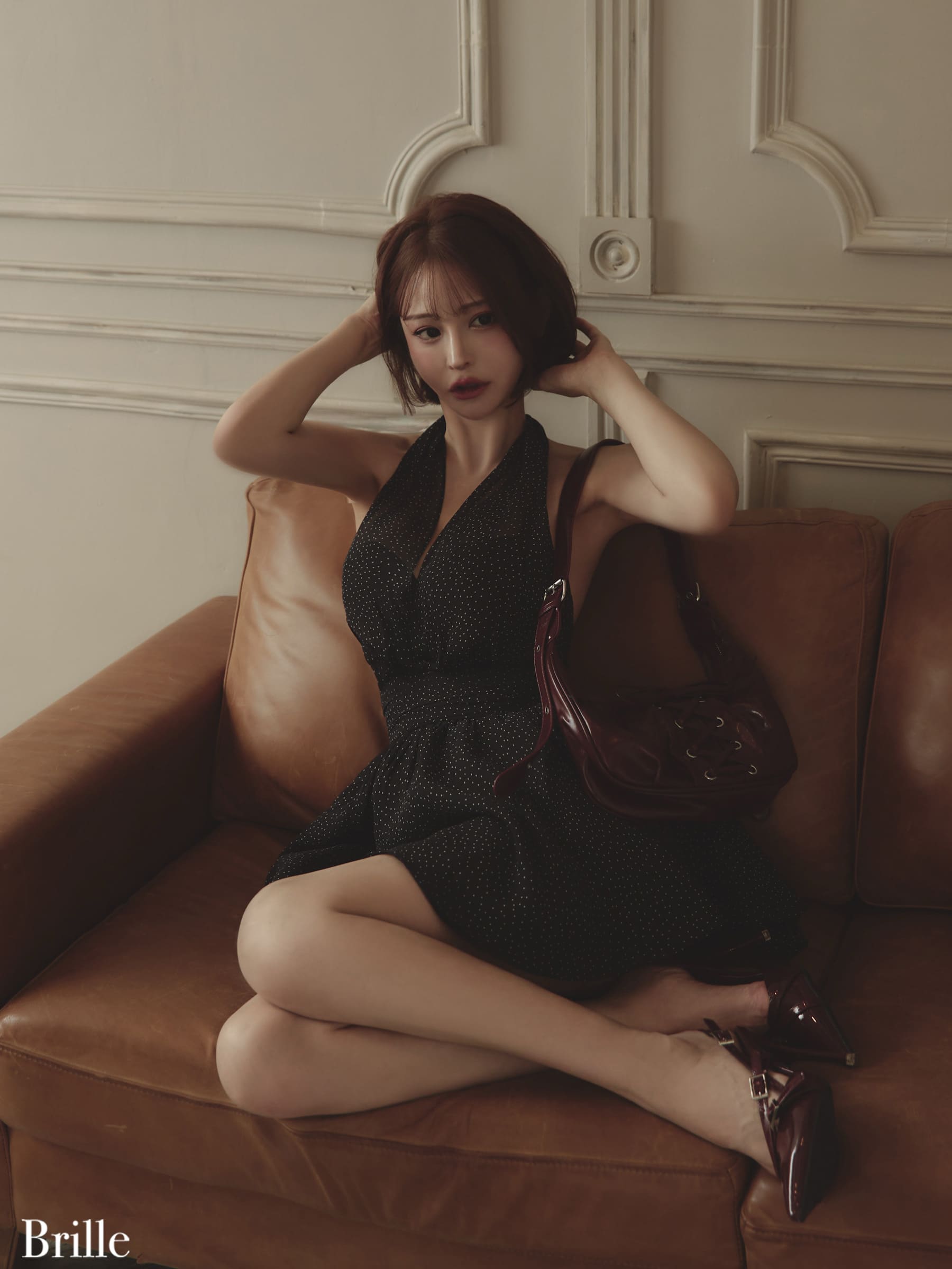 ドット柄 チュール ホルターネック バックオープン フレアミニドレス