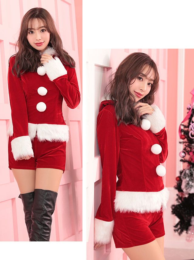 2点セット 猫耳フーディー＆ショートパンツ セットアップアニマル サンタコスプレ