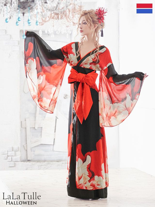 花魁 和柄デザイン シアースリーブ ロングドレス