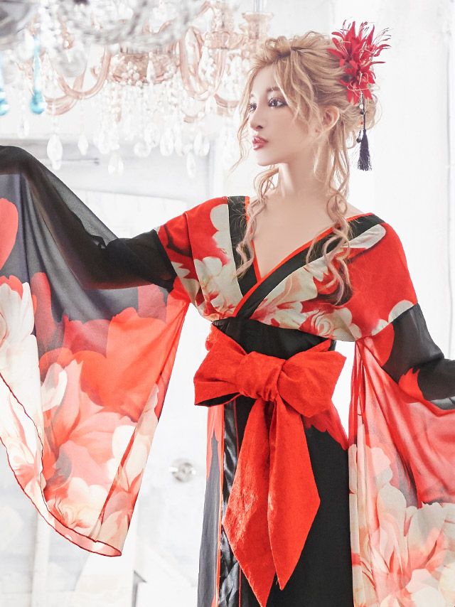 花魁 和柄デザイン シアースリーブ ロングドレス