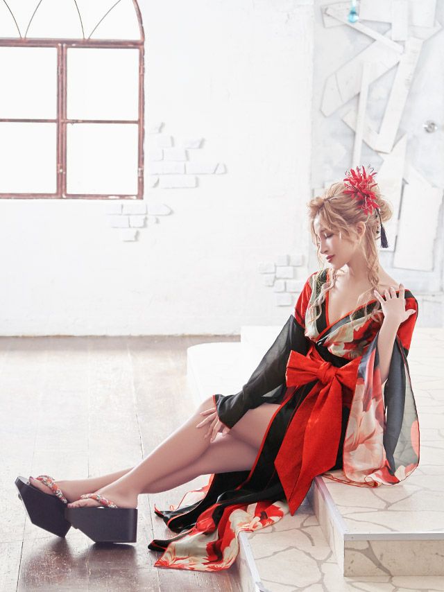 花魁 和柄デザイン シアースリーブ ロングドレス