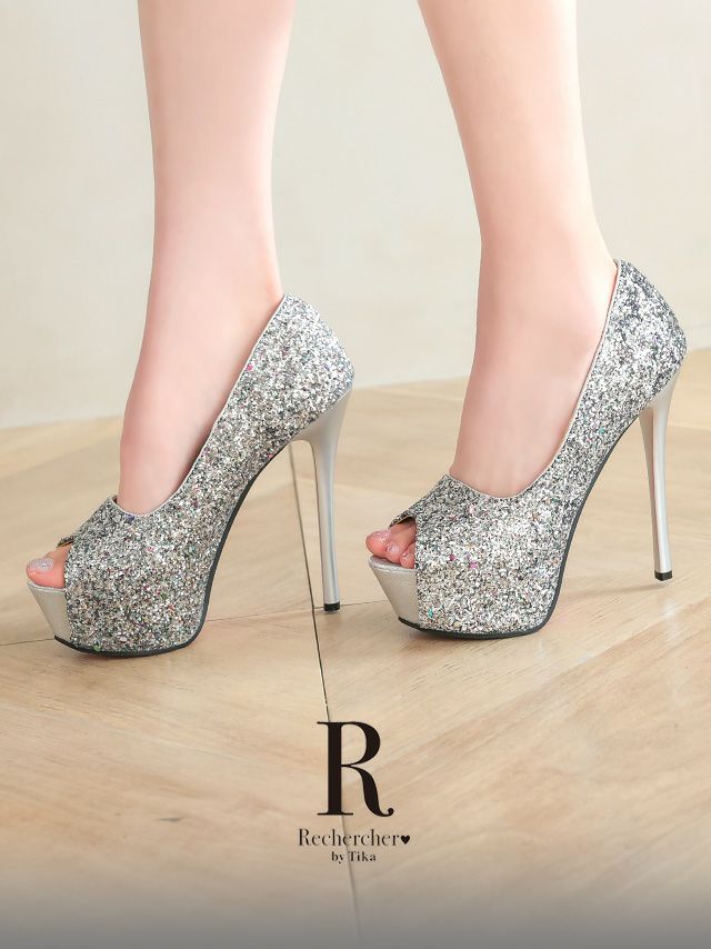 キャバヒール グリッター オープントゥ パンプス