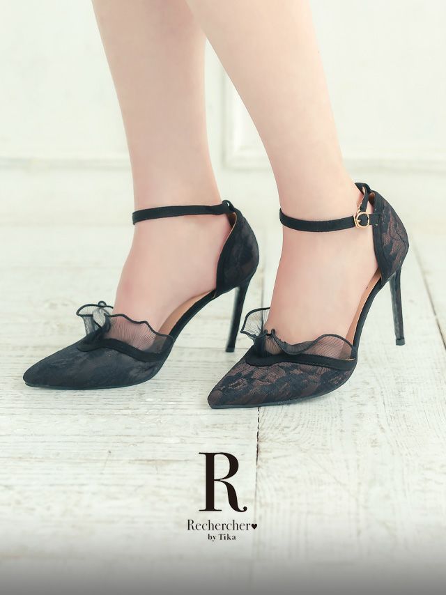 キャバヒール ブラックフリルアンクルストラップパンプス 