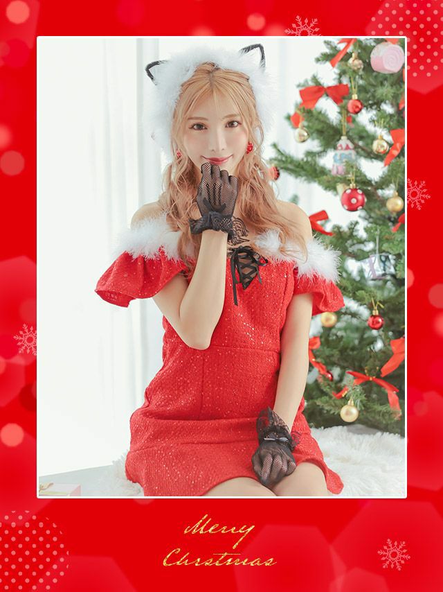 2点セット ラメツイード 猫 半袖 フレアミニ キャット アニマル サンタコスドレス