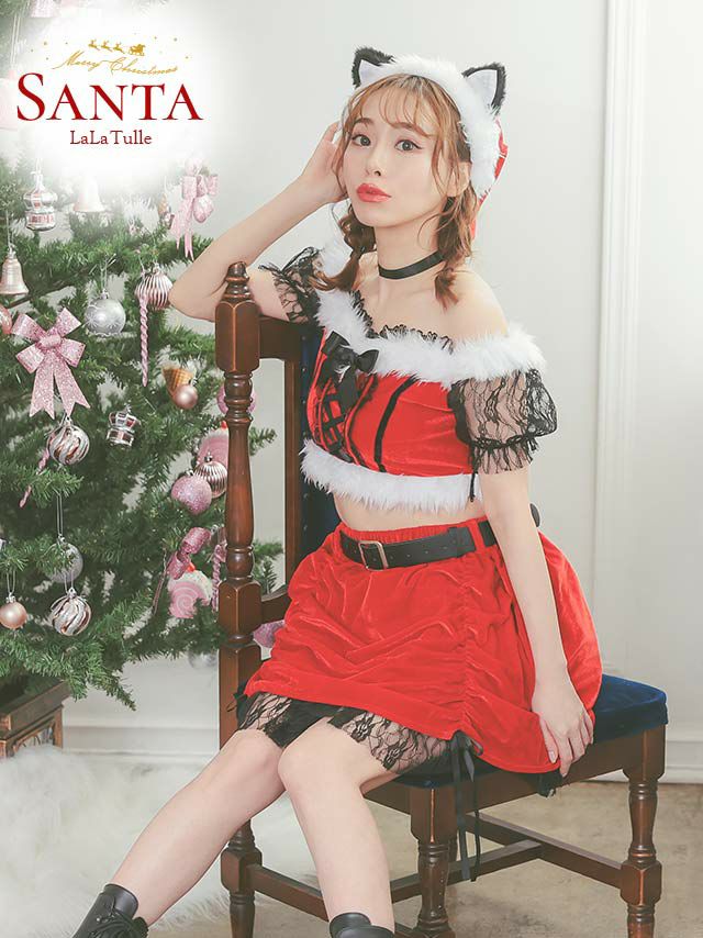 6点セット バスト編み上げリボン オフショルダー ブラックレース 半袖 ベルトフレアミニ ウエストベルト キャット アニマル サンタコスプレ