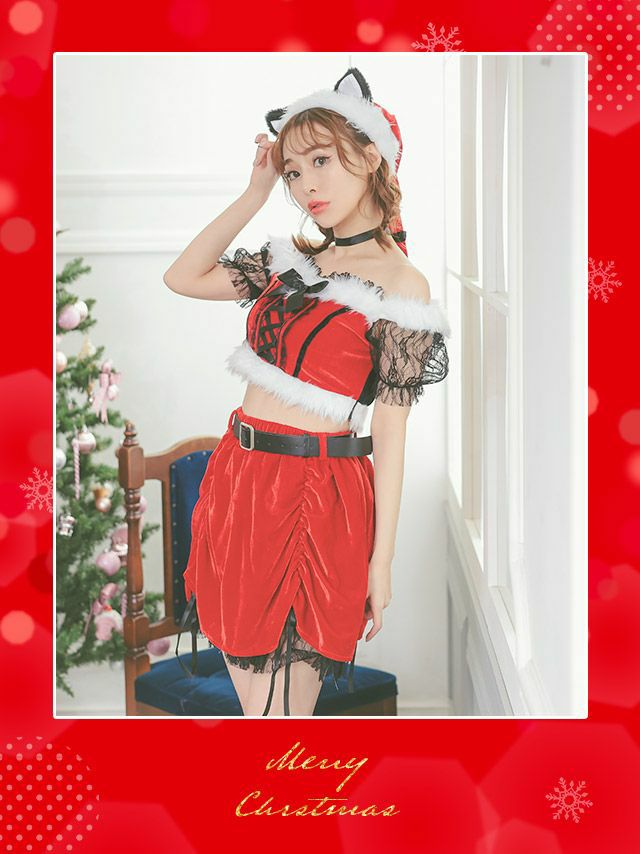 6点セット バスト編み上げリボン オフショルダー ブラックレース 半袖 ベルトフレアミニ ウエストベルト キャット アニマル サンタコスプレ