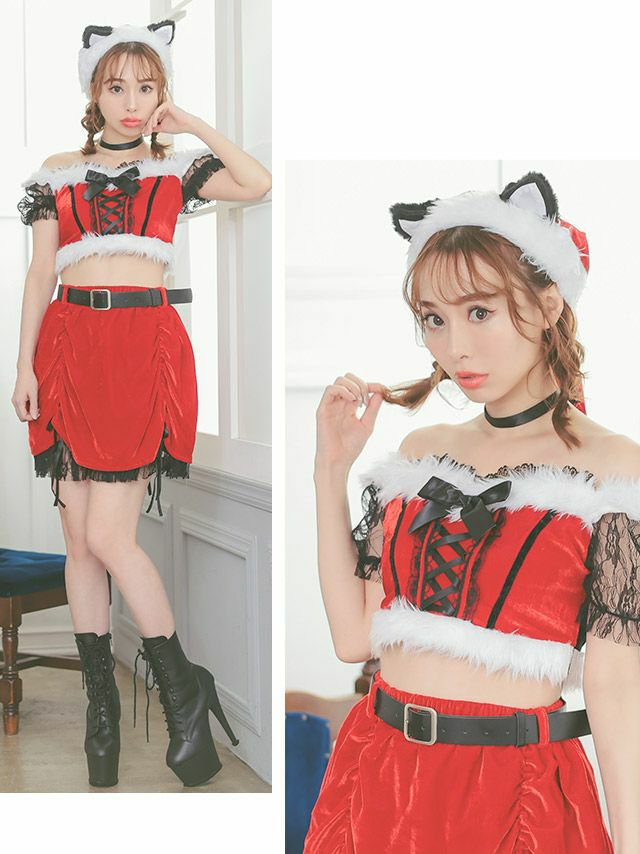 6点セット バスト編み上げリボン オフショルダー ブラックレース 半袖 ベルトフレアミニ ウエストベルト キャット アニマル サンタコスプレ
